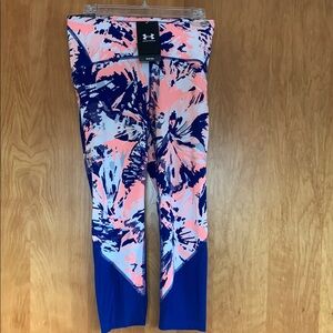 NWT Under Armour Blue and Peach Abstract Bold Floral Fly Fast Leggings sz M